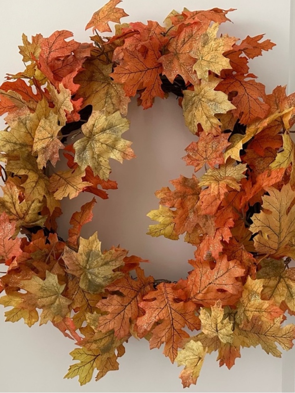 Fall Orange & Yellow Oak & Maple Leaf Wreath with Shimmer Effect- Harvest Decor